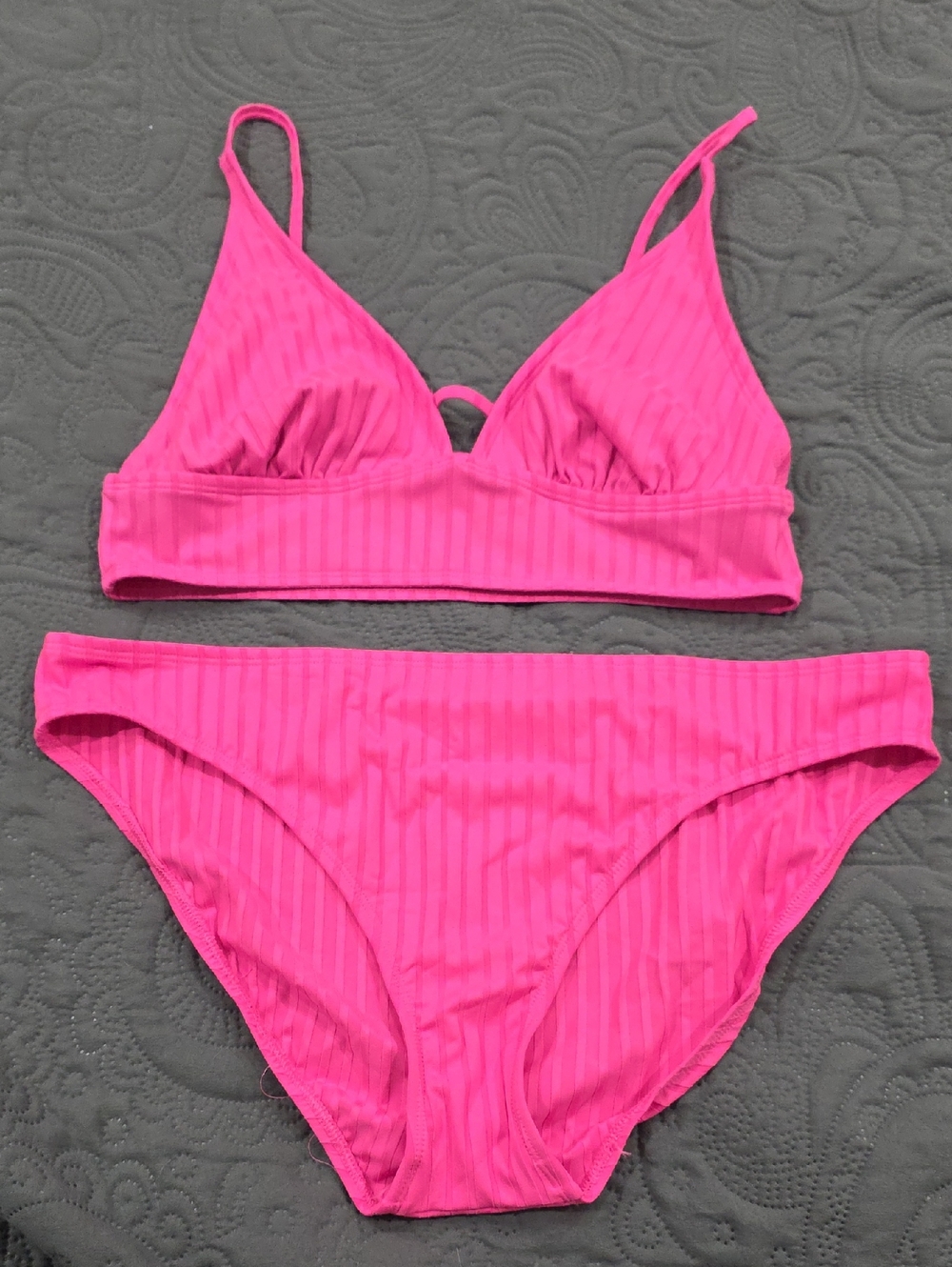 Bright Pink Ribbed Triangle Bikini Set